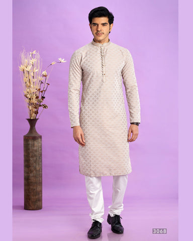 Cream Jacquard Art Silk Readymade Man Kurta Set With Off White Churidar