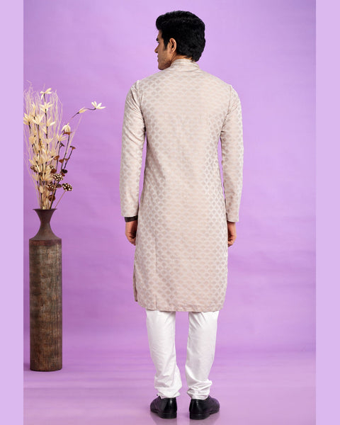 Cream Jacquard Art Silk Readymade Man Kurta Set With Off White Churidar