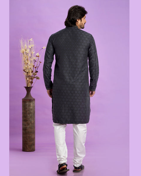 Black Jacquard Art Silk Readymade Man Kurta Set With Off White Churidar