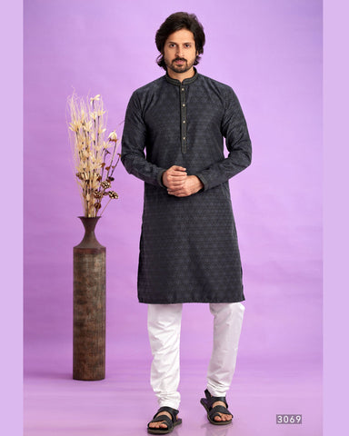 Black Jacquard Art Silk Readymade Man Kurta Set With Off White Churidar