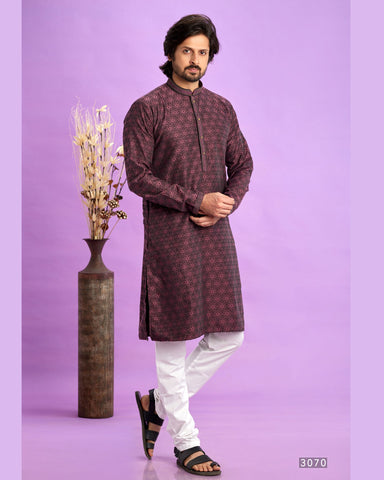 Maroon Jacquard Art Silk Readymade Man Kurta Set With Off White Churidar
