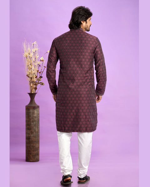 Maroon Jacquard Art Silk Readymade Man Kurta Set With Off White Churidar