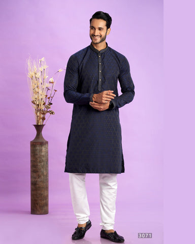 Blue Jacquard Art Silk Readymade Man Kurta Set With Off White Churidar