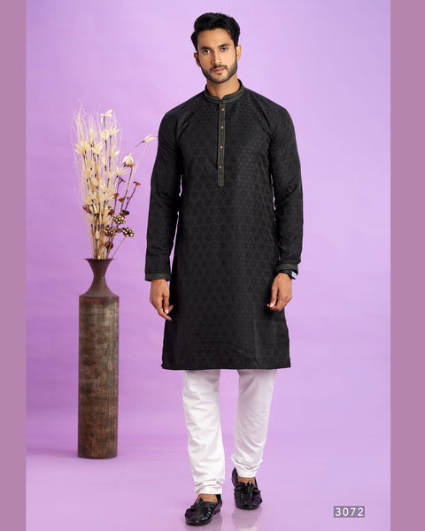 Black Jacquard Art Silk Readymade Man Kurta Set With Off White Churidar