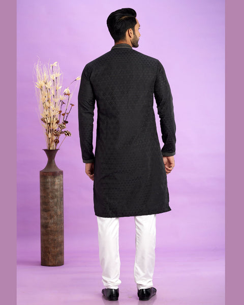 Black Jacquard Art Silk Readymade Man Kurta Set With Off White Churidar