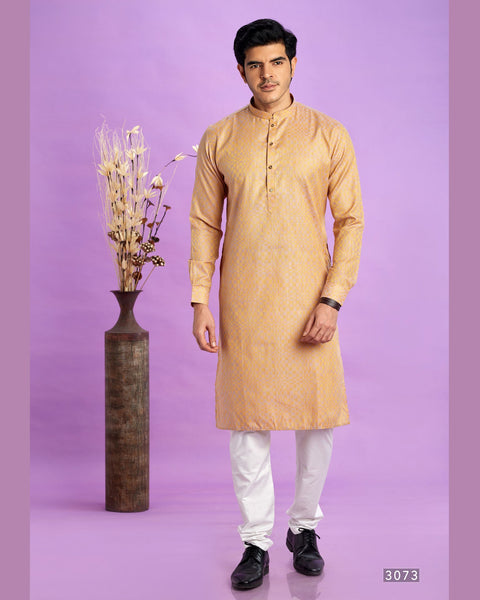 Brown Jacquard Art Silk Readymade Man Kurta Set With Off White Churidar