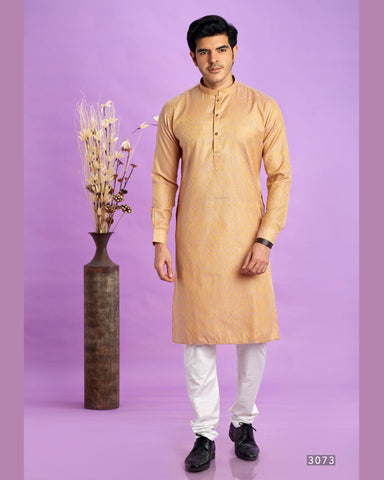 Brown Jacquard Art Silk Readymade Man Kurta Set With Off White Churidar