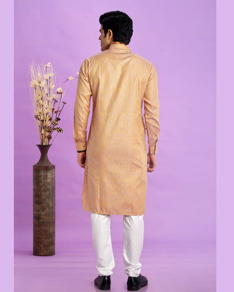 Brown Jacquard Art Silk Readymade Man Kurta Set With Off White Churidar