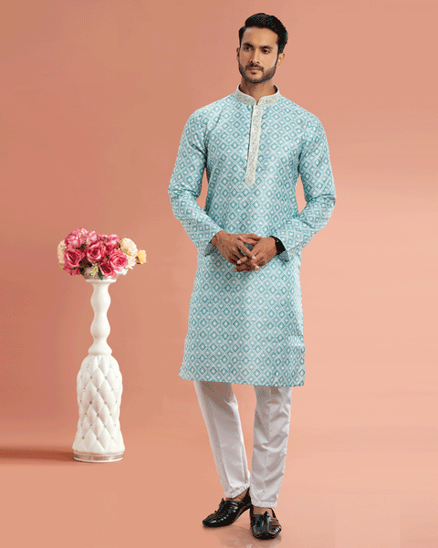 Pista Green Cotton Digital Print Readymade Kurta Set For Man