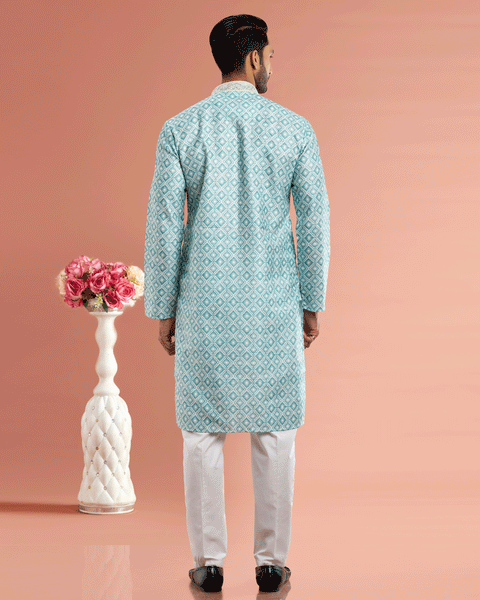 Pista Green Cotton Digital Print Readymade Kurta Set For Man