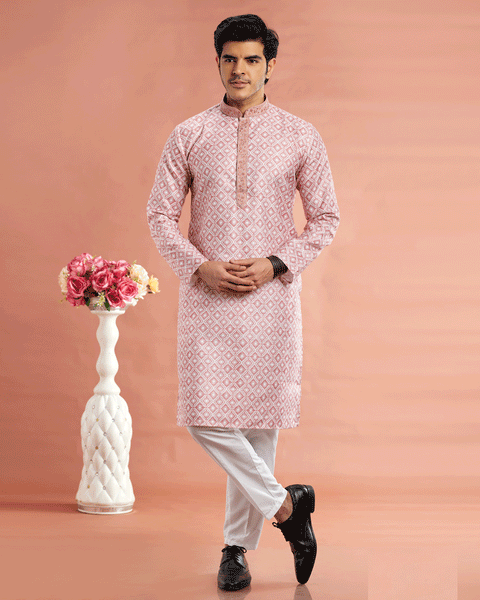 Pink Cotton Digital Print Readymade Kurta Set For Man