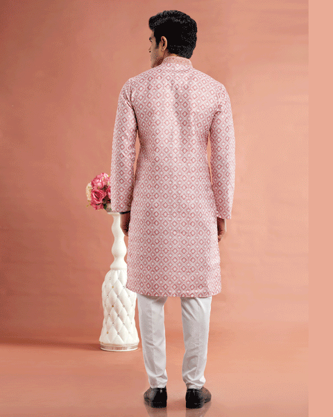 Pink Cotton Digital Print Readymade Kurta Set For Man