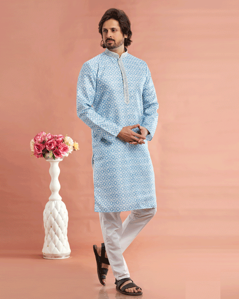 Blue Cotton Digital Print Readymade Kurta Set For Man