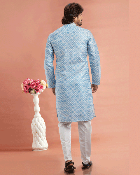 Blue Cotton Digital Print Readymade Kurta Set For Man