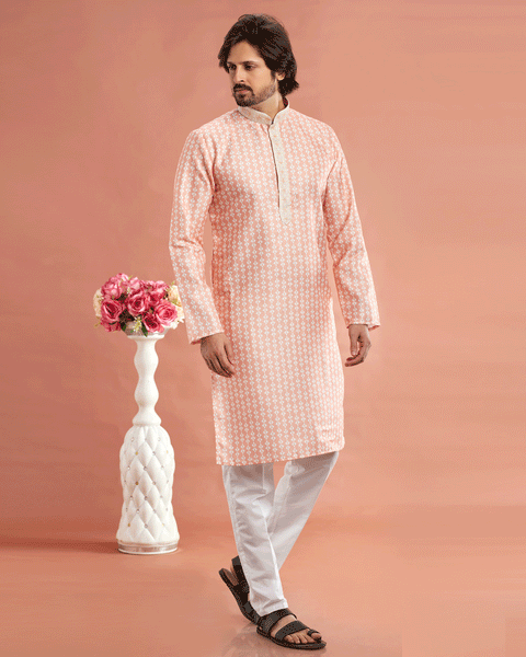 Peach Cotton Digital Print Readymade Kurta Set For Man