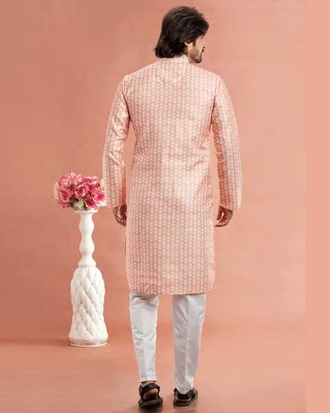 Peach Cotton Digital Print Readymade Kurta Set For Man
