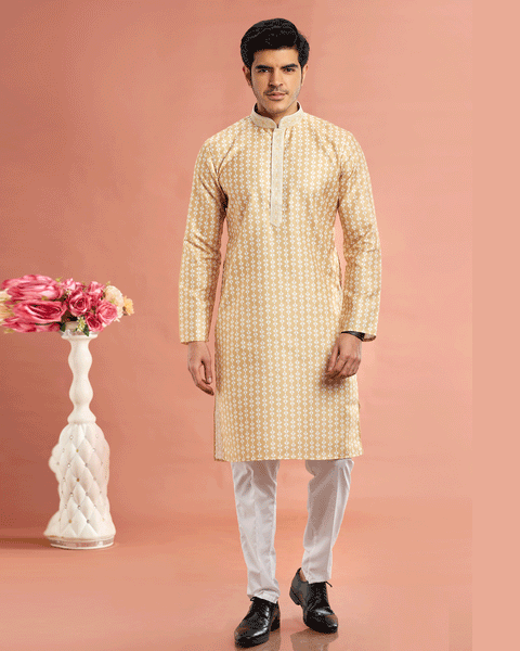 Yellow Cotton Digital Print Readymade Kurta Set For Man
