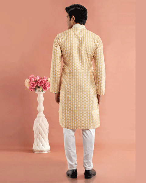 Yellow Cotton Digital Print Readymade Kurta Set For Man
