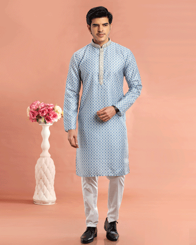 Blue Cotton Digital Print Readymade Kurta Set For Man