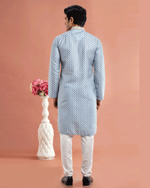 Blue Cotton Digital Print Readymade Kurta Set For Man