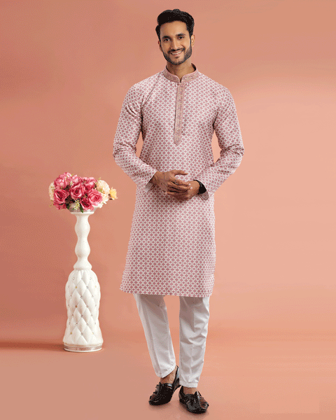 Mauve Cotton Digital Print Readymade Kurta Set For Man