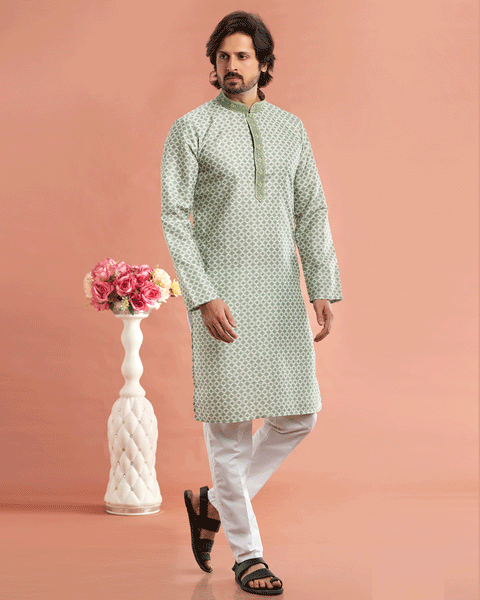 Pista Green Cotton Digital Print Readymade Kurta Set For Man
