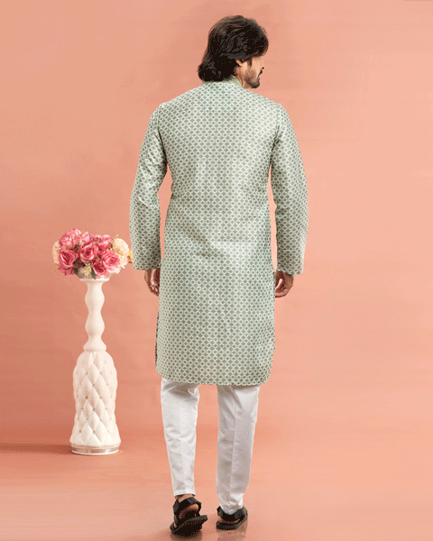Pista Green Cotton Digital Print Readymade Kurta Set For Man