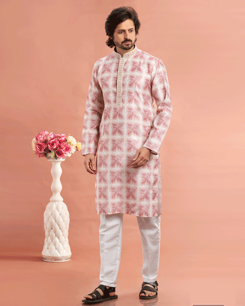 Dark Pink Cotton Digital Print Readymade Kurta Set For Man