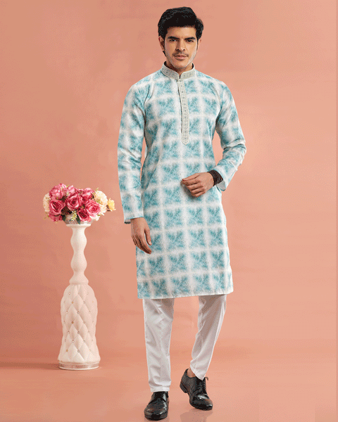 Green Cotton Digital Print Readymade Kurta Set For Man