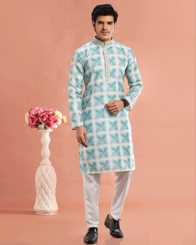 Green Cotton Digital Print Readymade Kurta Set For Man