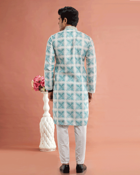 Green Cotton Digital Print Readymade Kurta Set For Man