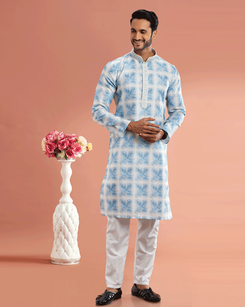 Blue Cotton Digital Print Readymade Kurta Set For Man