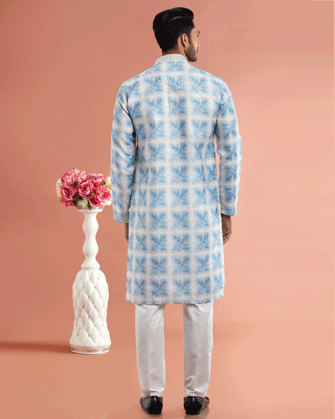 Blue Cotton Digital Print Readymade Kurta Set For Man