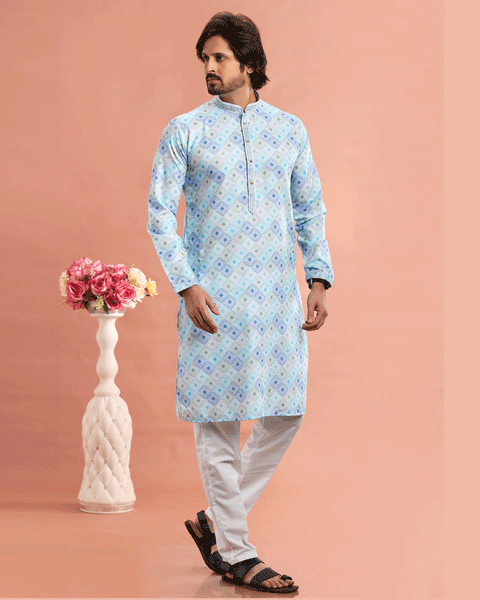 Blue Cotton Digital Print Readymade Kurta Set For Man