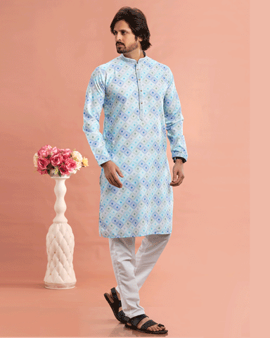 Blue Cotton Digital Print Readymade Kurta Set For Man