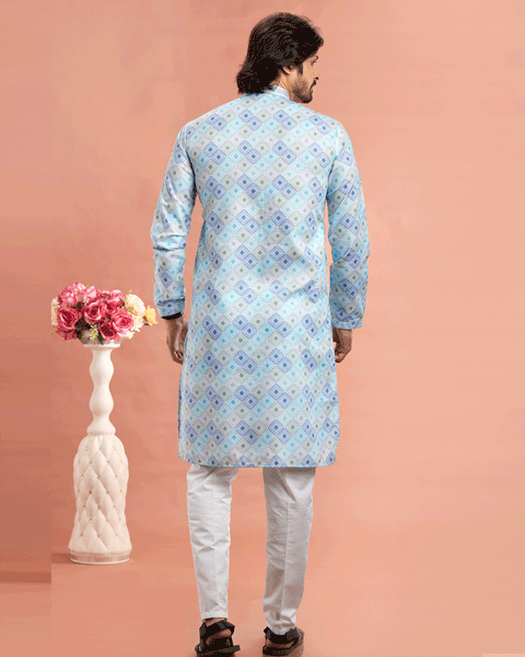 Blue Cotton Digital Print Readymade Kurta Set For Man