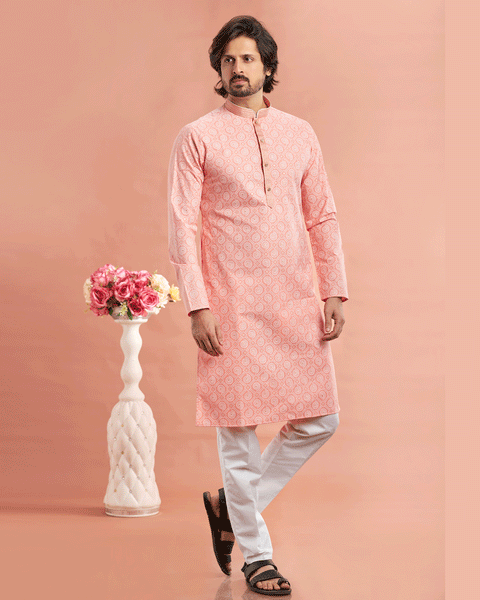 Pink Cotton Digital Print Readymade Kurta Set For Man