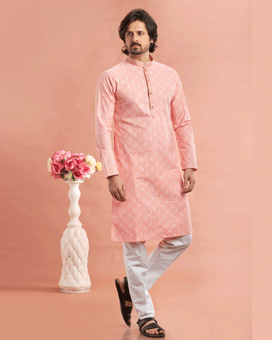 Pink Cotton Digital Print Readymade Kurta Set For Man