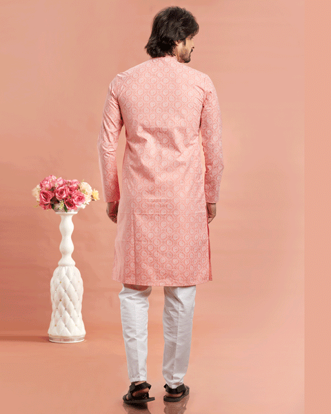 Pink Cotton Digital Print Readymade Kurta Set For Man