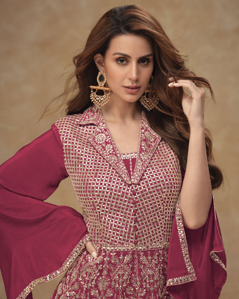 Maroon Readymade CO-Ord Palazzo Suit For Woman In Chinnon Silk