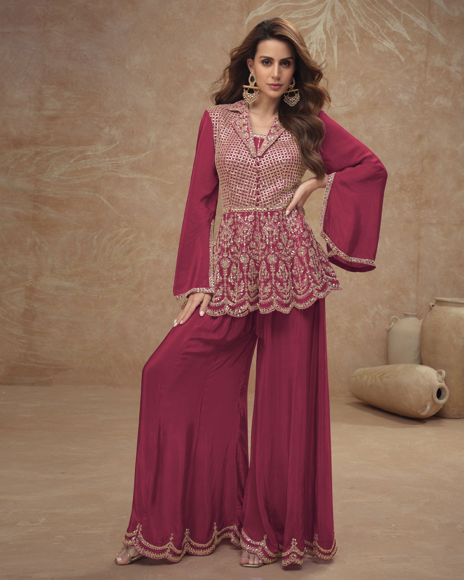 Maroon Readymade CO-Ord Palazzo Suit For Woman In Chinnon Silk