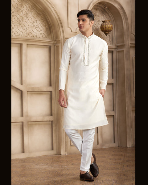 Cream Banarasi Art Silk Mirror Work Readymade Men Kurta Pajama Set