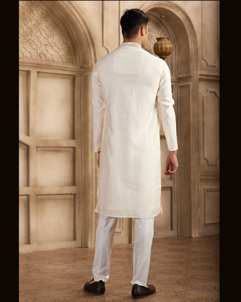 Cream Banarasi Art Silk Mirror Work Readymade Men Kurta Pajama Set
