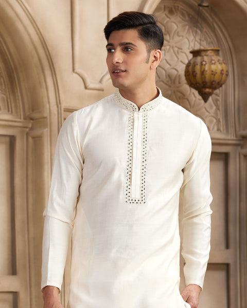 Cream Banarasi Art Silk Mirror Work Readymade Men Kurta Pajama Set