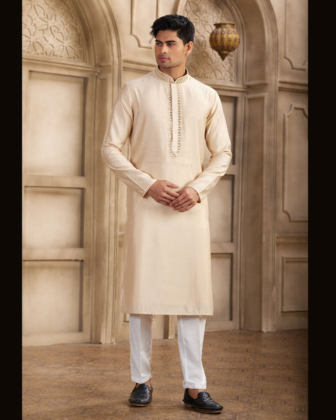 Beige Banarasi Art Silk Mirror Work Readymade Men Kurta Pajama Set