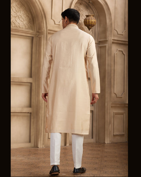 Beige Banarasi Art Silk Mirror Work Readymade Men Kurta Pajama Set