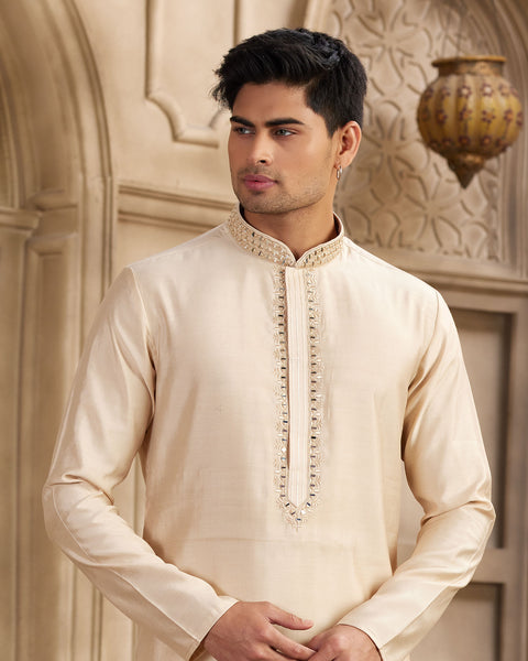 Beige Banarasi Art Silk Mirror Work Readymade Men Kurta Pajama Set