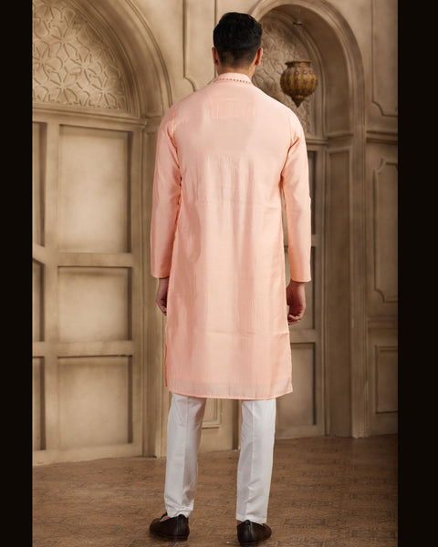 Pink Banarasi Art Silk Mirror Work Readymade Men Kurta Pajama Set