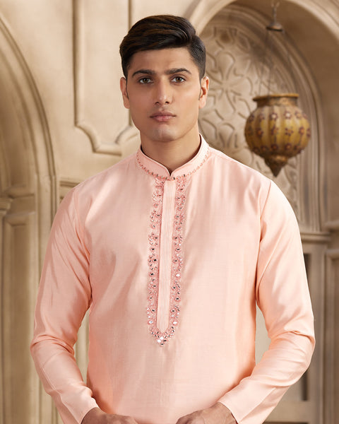 Pink Banarasi Art Silk Mirror Work Readymade Men Kurta Pajama Set