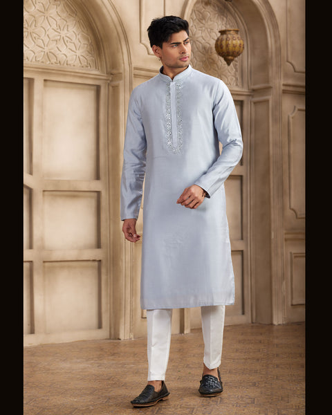 Sky Blue Banarasi Art Silk Mirror Work Readymade Men Kurta Pajama Set